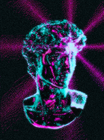 VAPOR HEAD with the Cyberpunk palette, halation and grain