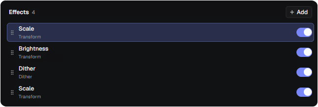 An actual four-stage pipeline in DitherMaster Studio: Scale, Brightness, Dither, Scale.