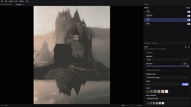 Castle image in the editor alongside processing stages and palette controls.