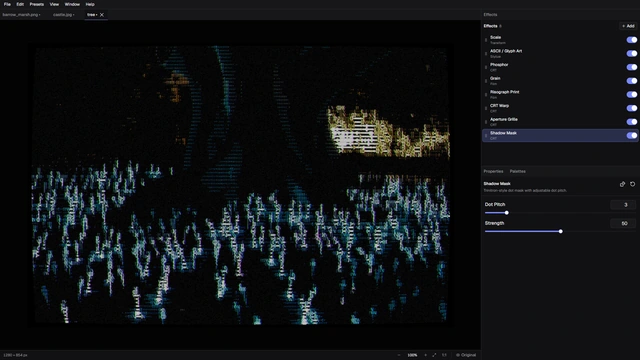 ASCII-style image rendering with its adjustable processing pipeline.