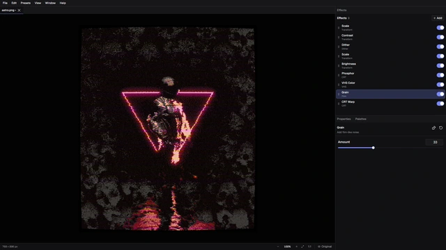 A neon-lit figure framed by a pink triangle with analog and color effects.